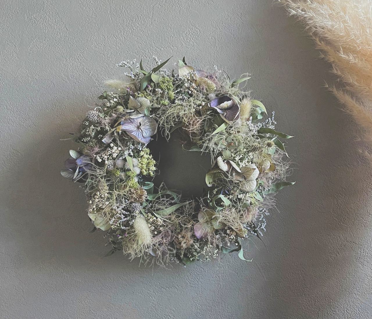 スモークツリーと紫陽花のリース ドライフラワー スワッグ ブーケ リース ドライフラワーオーダー セミオーダー